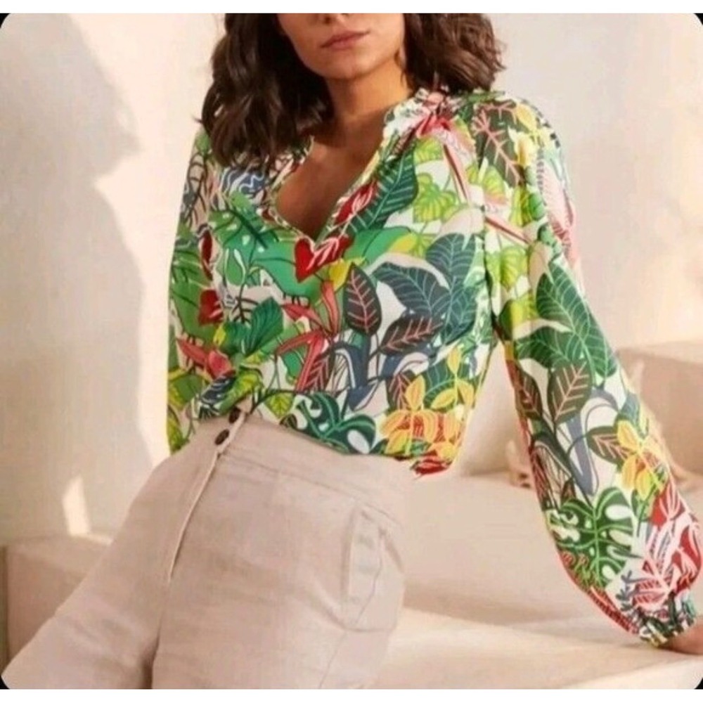 Boden Tropical Parrot Jungle Print Cotton Blouse Top Multicolor Womens 12